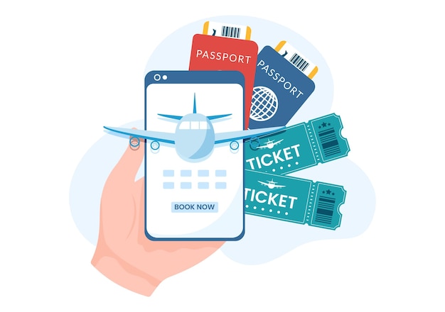Negozio di biglietti di viaggio online attraverso il trasporto e il viaggio o la prenotazione nell'illustrazione disegnata a mano