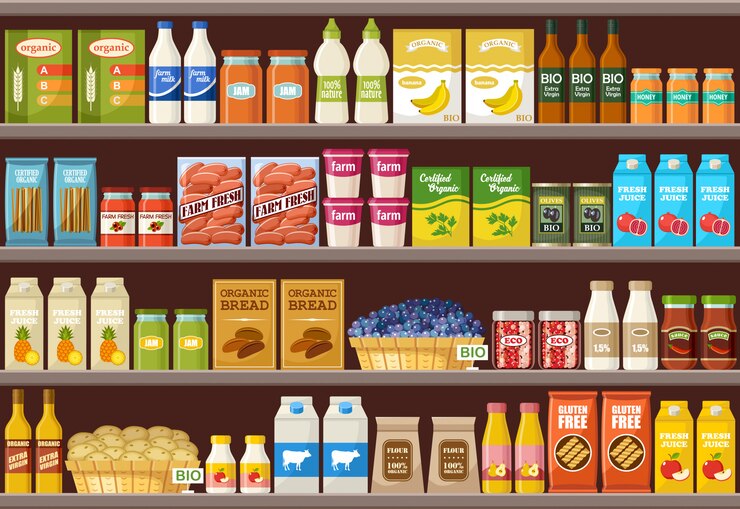 Vettore negozio di prodotti biologici. supermercato