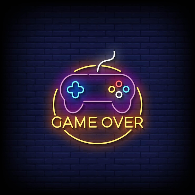 Vettore neon sign game over con il vettore di sfondo del muro di mattoni