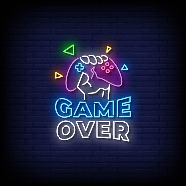 Vettore neon sign game over con il vettore di sfondo del muro di mattoni