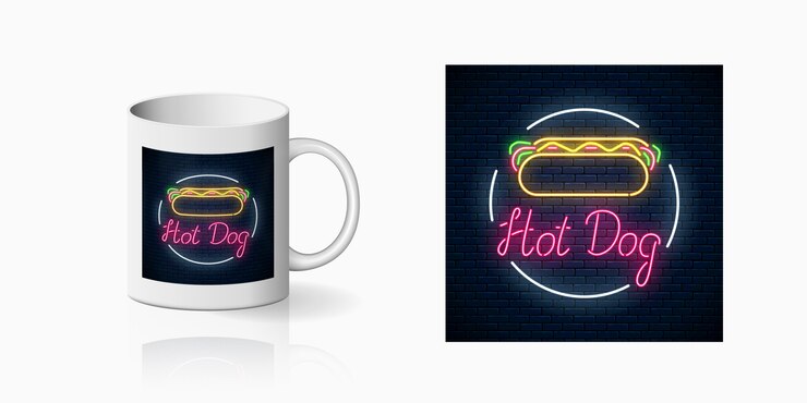 Vettore neonprint di hot dog cafe segno sul mockup tazza in ceramica. progettazione di un ristorante fast food segno in stile neon sulla tazza. icona di hot dog cafe.