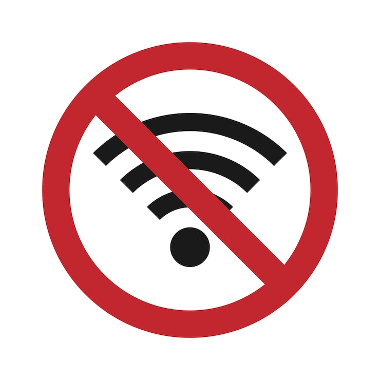 Vettore nessun wifi. segno del cerchio di divieto rosso. pittogramma di divieto di rete wireless.