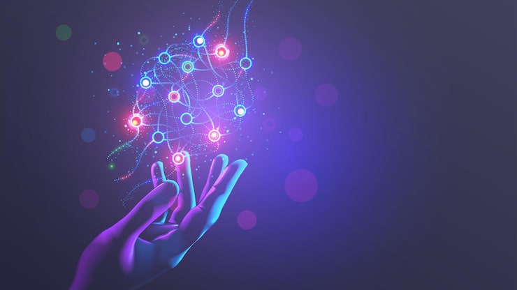 Vettore neural network scheme above scientist hand artificial neural networks ann abstract simple graphics scheme of neural machine mind with ai artificial intelligence cybernetic net education ai