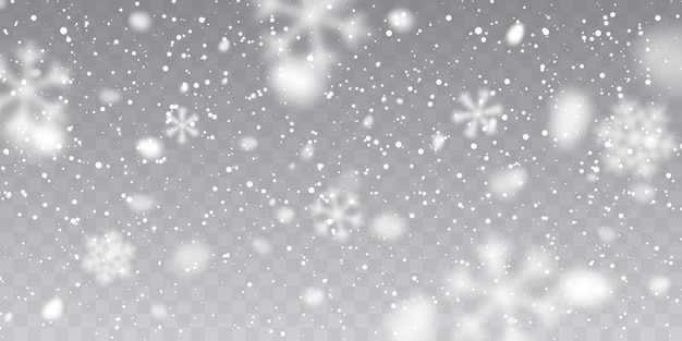 Neve di Natale. Fiocchi di neve che cadono su sfondo trasparente. Nevicata.