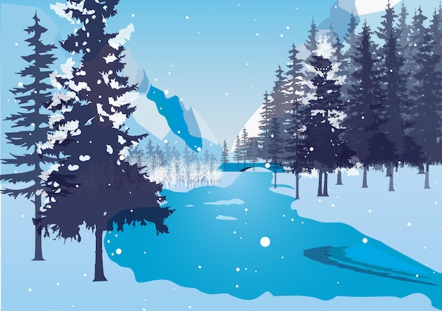 Nevicate invernali con pini, ghiacciai, montagne, paesaggio, vettore, illustrarion