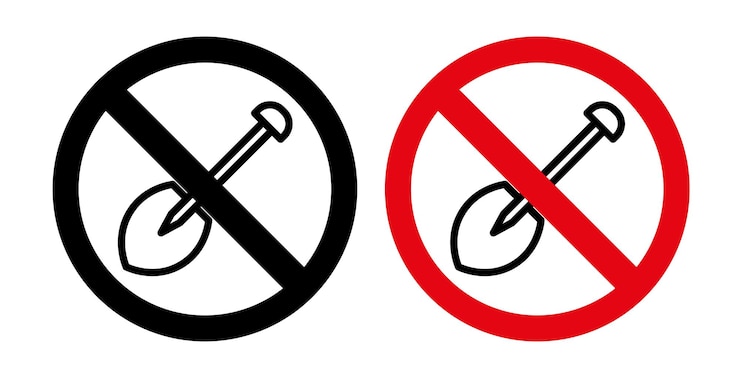 Vettore no digging sign icon set construction shovel work vector symbol in a black filled and outlined style ground preserve sign (segnale di conservazione del suolo riempito e delineato in nero)