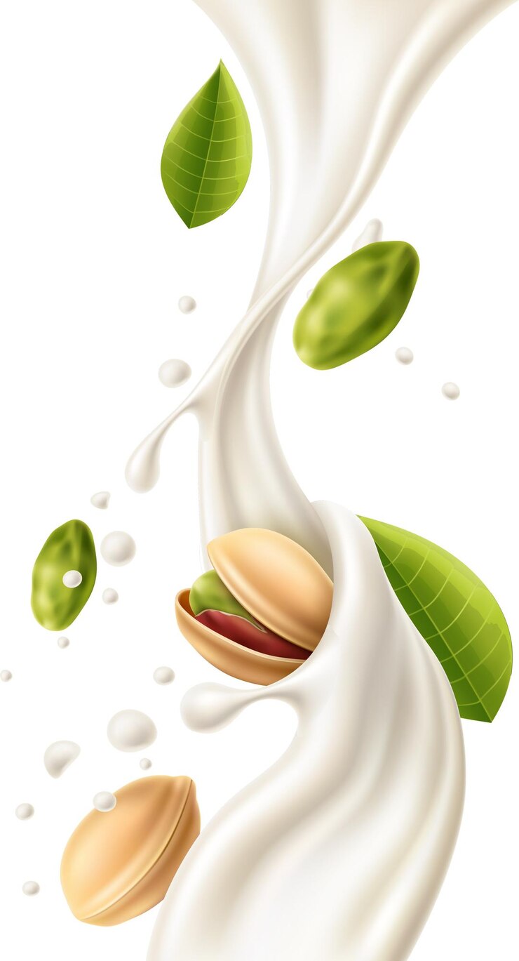 Noci realistiche nel latte pistacchi e crema movimento di flusso liquido bevanda vegetariana spruzzamento fluido con gocce versamento bevanda prodotto lattiero-caseario alternativo semi vettoriali e spruzzamento lattiginoso