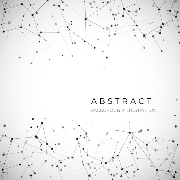 Nodo, punti e linee. Fondo grafico geometrico delle particelle astratte. Struttura dell'atomo, molecola e comunicazione. Complesso di big data con composti. Visualizzazione dei dati digitali. illustrazione