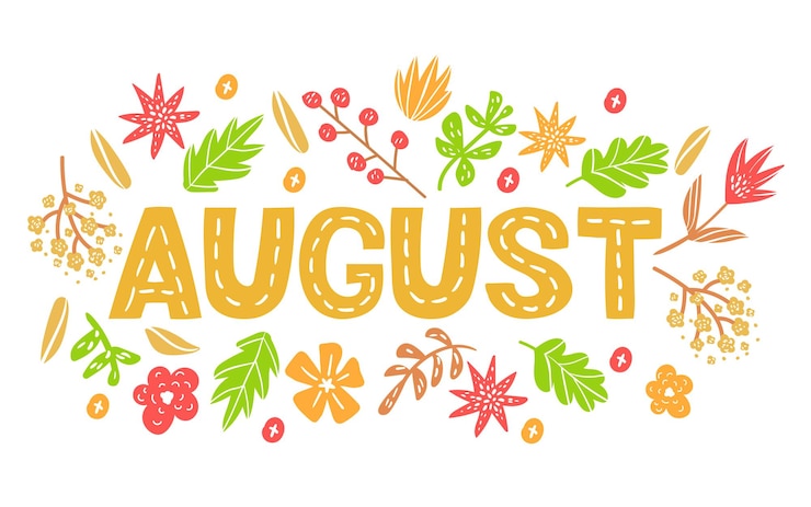 Vettore nome del mese dell'iscrizione disegnata a mano di agosto mese scritta a mano del mese di agosto per il logo mensile del calendario