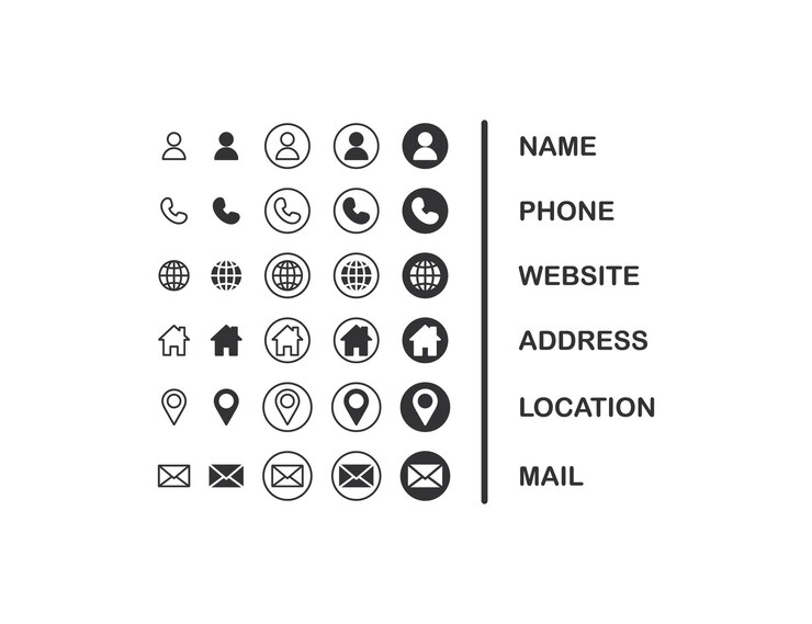 Nome telefono indirizzo sito web posizione posta icona impostata Connessione aziendale biglietto da visita vettore desin