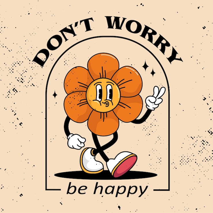 Vettore non ti preoccupare, sii felice retro cartone animato meccanismo dell'orologio camminando sorridente margherita fiore mascotte che mostra la pace