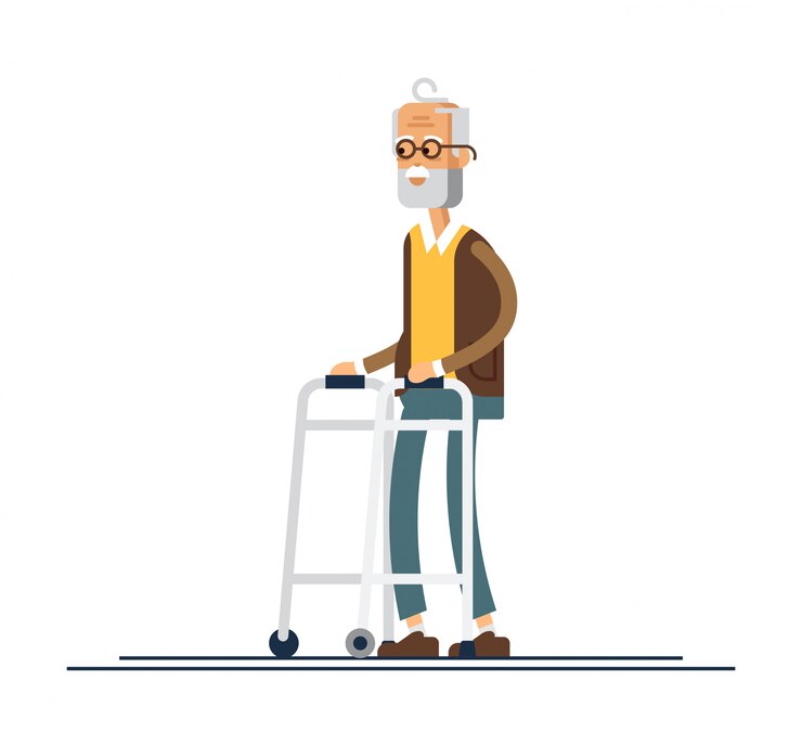 Vettore nonno che cammina con un camminatore. illustrazione in uno stile