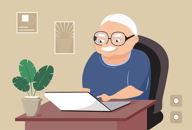 Nonno con il computer portatile vettore L'uomo anziano simpatico cartone animato sta navigando in Internet