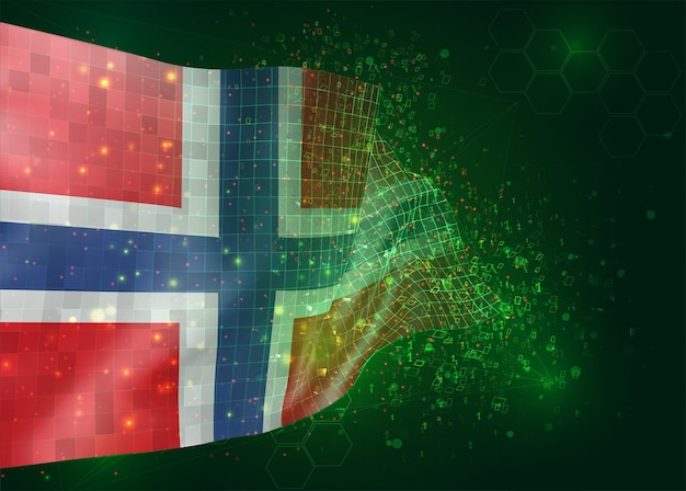 Norvegia, sul vettore 3d bandiera su sfondo verde con poligoni e numeri di dati