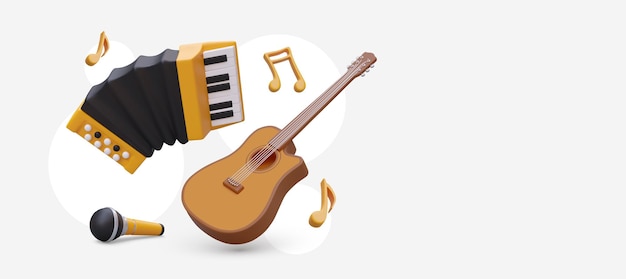Note di microfono di chitarra a fisarmonica 3D concetto di musica a colori
