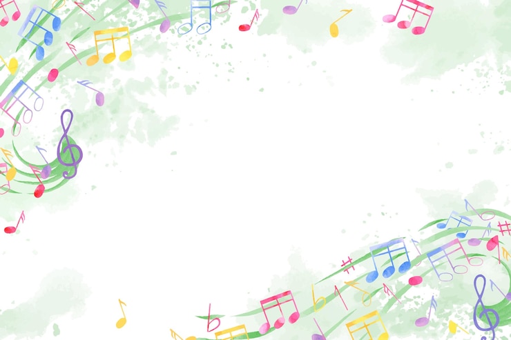 Vettore note musicali multicolori su schizzi di vernice staff di musica volante quadro orizzontale in colori verdi giornata internazionale della musica copia spazio per il testo illustrazione ad acquerello per invito di saluto