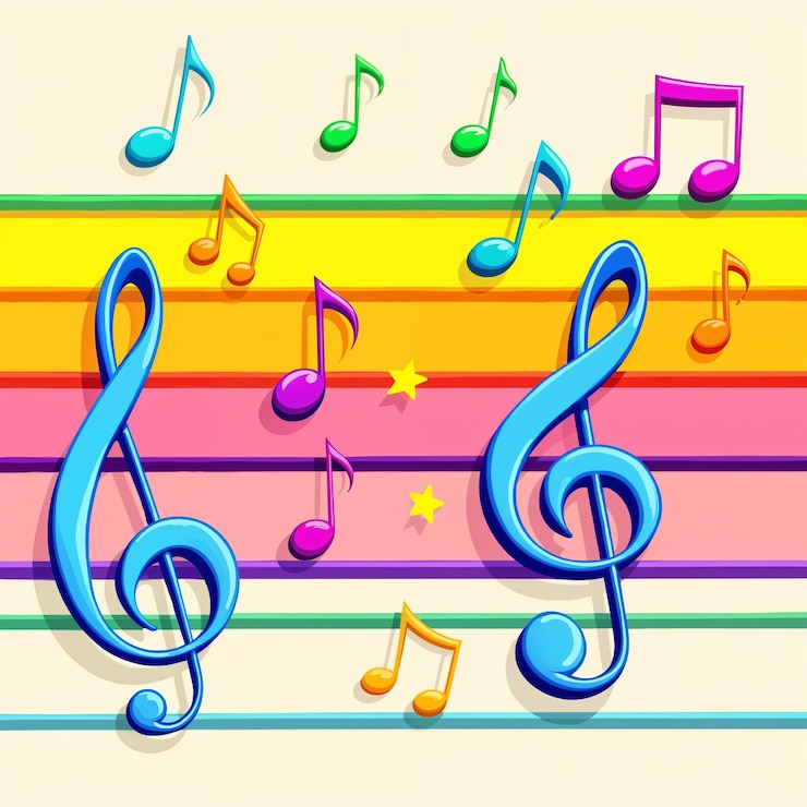 Vettore note musicali vibranti e chiave di treble su un'illustrazione vettoriale del bastone dell'arcobaleno