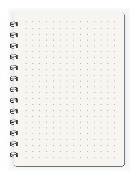 Notebook ined dots Sketchbook pagina vuota Blocco note vettore isolato mockup Vuoto mock up con ombra Art design pulito blocco note a spirale modello vuoto