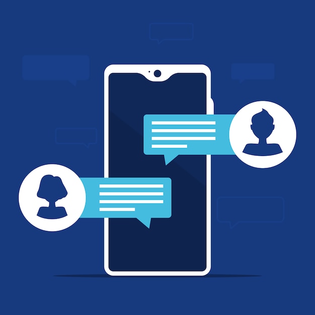 Notifiche dei messaggi di chat sul cellulare con avatar uomo e donna. isolato su sfondo blu
