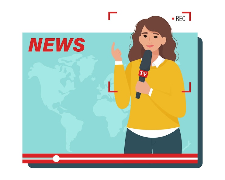 Vettore notizie dai media televisivi. giornalista donna con un microfono nella casella di visualizzazione video. illustrazione in stile piatto
