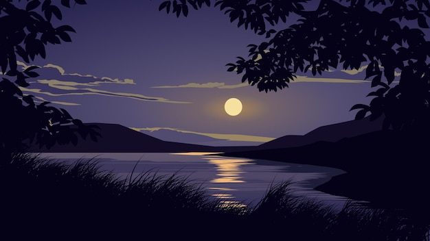 Notte calma in un fiume con chiaro di luna e silhouette di rami di alberi ed erba