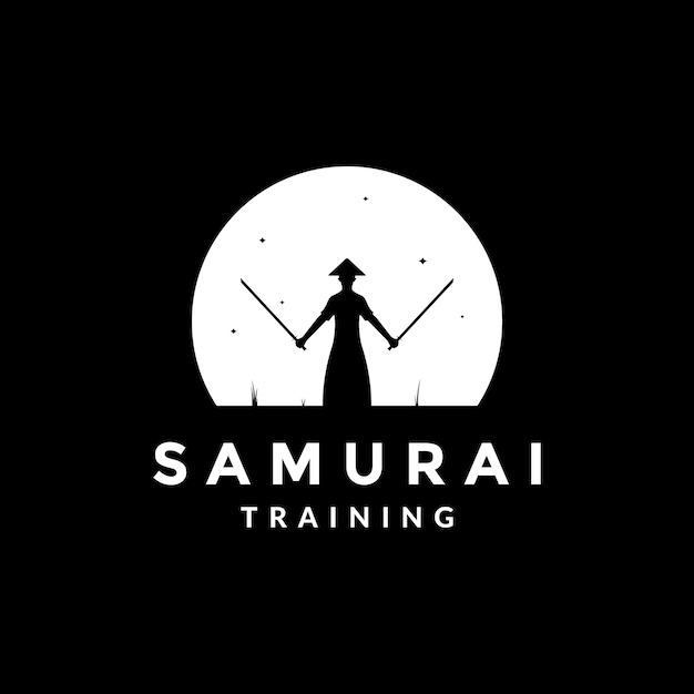 Notte di addestramento del samurai con l'idea creativa dell'illustrazione dell'icona del simbolo grafico di vettore del logo della luna