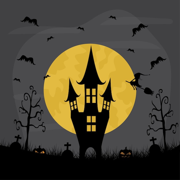 Notte di Halloween con fullmon. Illustrazione del castello di Halloween.