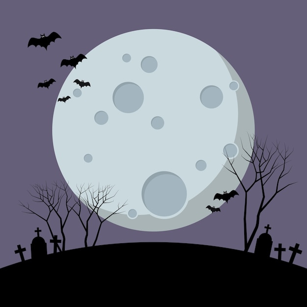 Notte di Halloween con i pipistrelli che sorvolano la luna