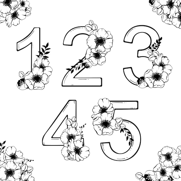 Numeri con fiori Numero di fiori eleganti Data e monogramma numerico Numeri ornamentali di fiori