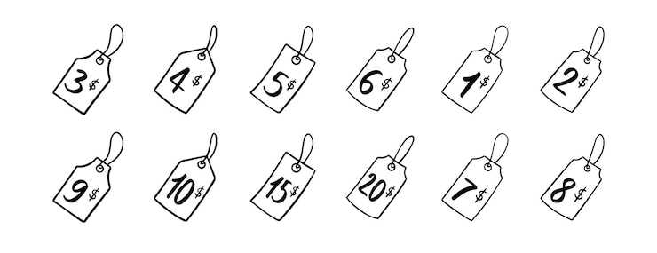 Vettore numeri di etichette di prezzo in dollari doodle icona disegnata a mano set di contorni disegno di dollari etichetta di prezzo linea clipart