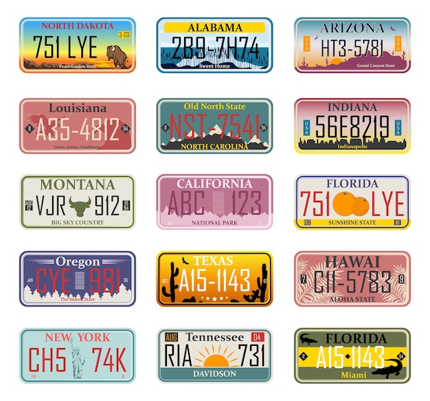 Numeri di immatricolazione dei veicoli negli Stati Uniti (numeri astratti). Targhe auto. Numeri di licenza del veicolo di diversi stati e paesi americani, numeri di immatricolazione dei camion