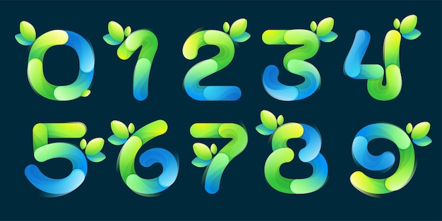 Numeri ecologici impostati con linee sfumate con foglia verde Icona ecologica composta da parti sovrapposte