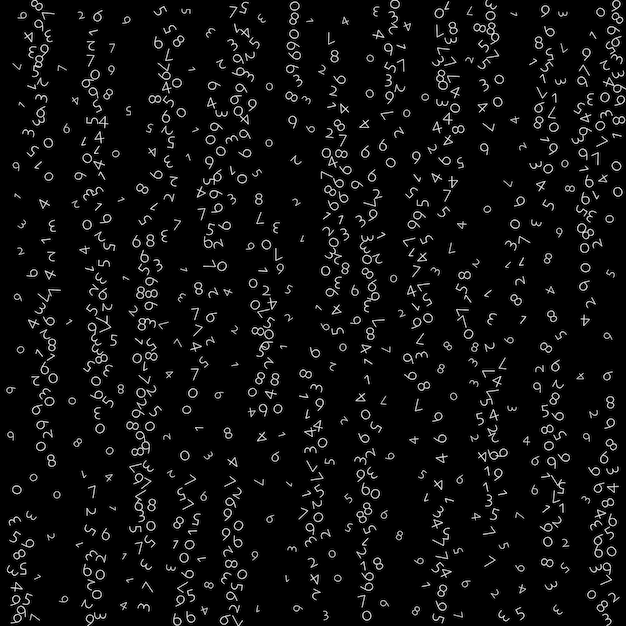 Numeri in calo, concetto di big data. Cifre volanti disordinate bianche binarie. Fantastico banner futuristico su sfondo nero. Illustrazione vettoriale digitale con numeri che cadono.