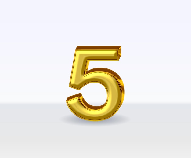 Numeri in metallo dorato 3D numero 5 su sfondo bianco