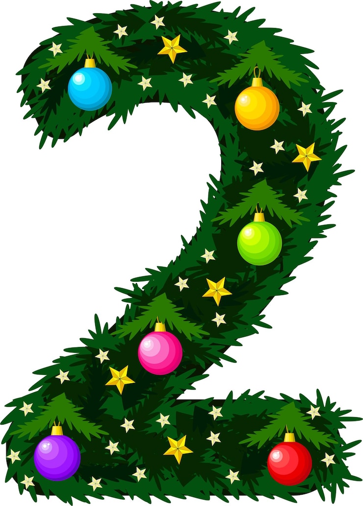Vettore numero 2. design dell'alfabeto e dei numeri di natale. albero di natale con giocattoli. illustrazione vettoriale su sfondo bianco.