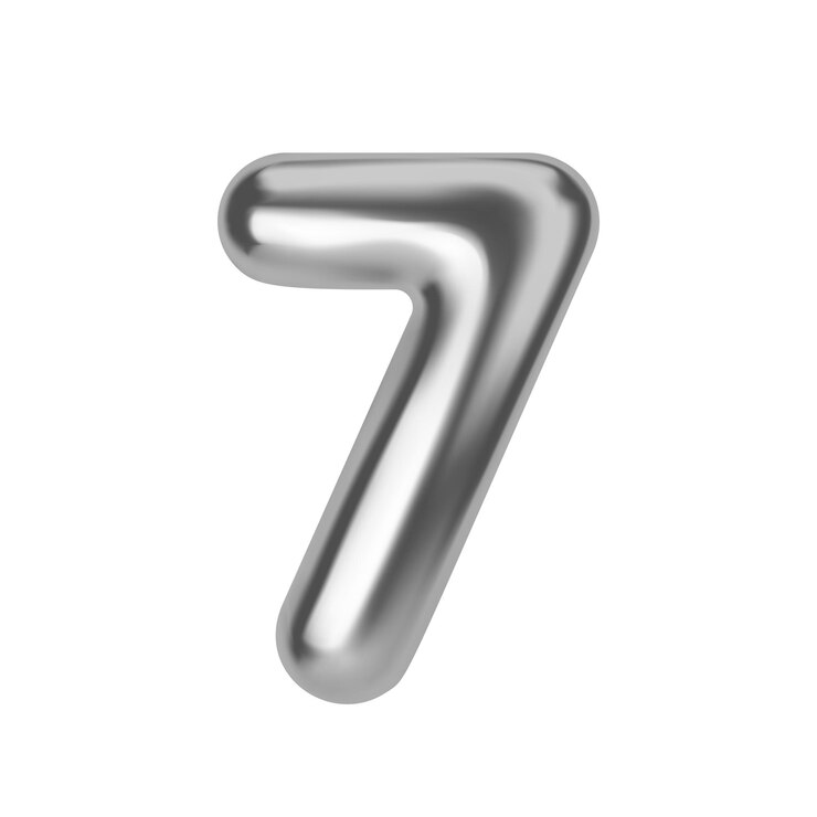 Numero 7 d'argento, palloncino di carta e lattice numero 7 in stile 3D, elementi di design realistici isolati su sfondo bianco, illustrazione vettoriale.