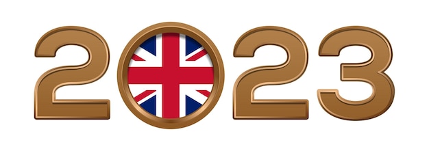 Numero d'oro 2023 con la bandiera britannica all'interno. 2023 numero logo testo design isolato su bianco.