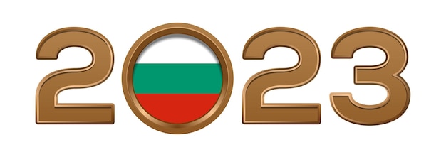Numero d'oro 2023 con la bandiera della Bulgaria all'interno. 2023 numero logo testo design isolato su bianco.