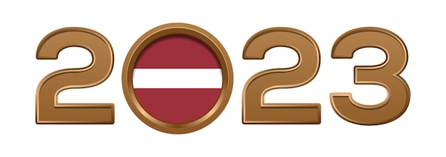 Numero d'oro 2023 con la bandiera della Lettonia all'interno. 2023 numero logo testo design isolato su bianco.