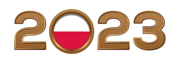 Numero d'oro 2023 con la bandiera della Polonia all'interno. 2023 numero logo testo design isolato su bianco.