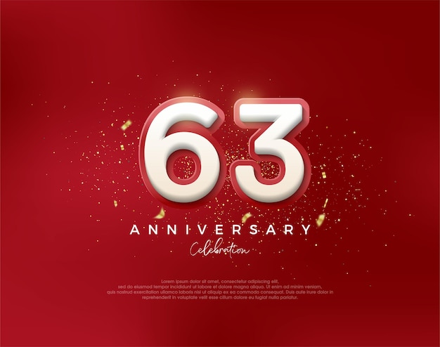 Numero di 63° anniversario con numeri bianchi 3D su uno sfondo rosso Vettore premium per il manifesto di celebrazione del manifesto
