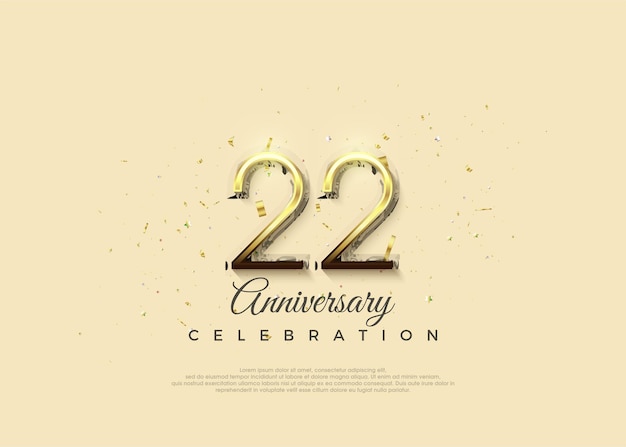 Numero di anniversario con 22 cifre in oro lucido lussuoso sfondo vettoriale premium per saluti e celebrazioni