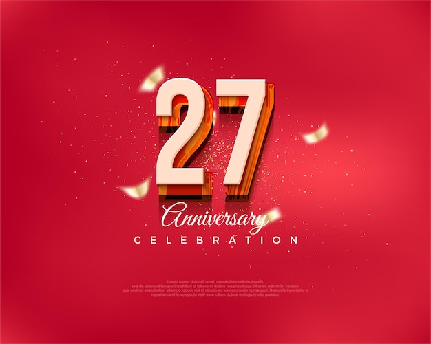 Numero di design moderno per la celebrazione del 27° anniversario in un lussuoso sfondo vettoriale rosso Premium per saluti e celebrazioni