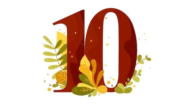 Numero dieci e piante decorative Cifre con decoro foglie autunnali Big 10 con rami e fogliame