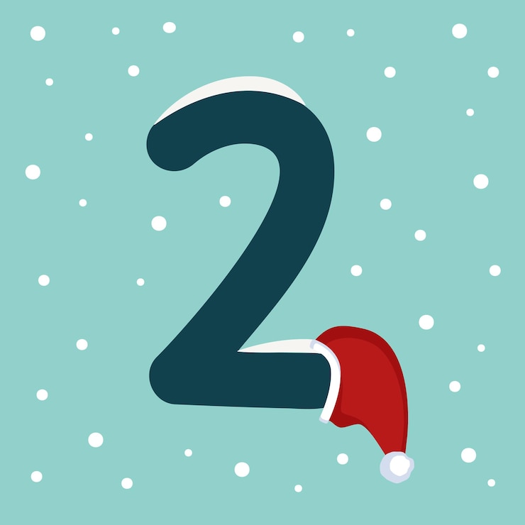 Vettore numero due con la neve e il cappello rosso di babbo natale. carattere festivo per natale e capodanno