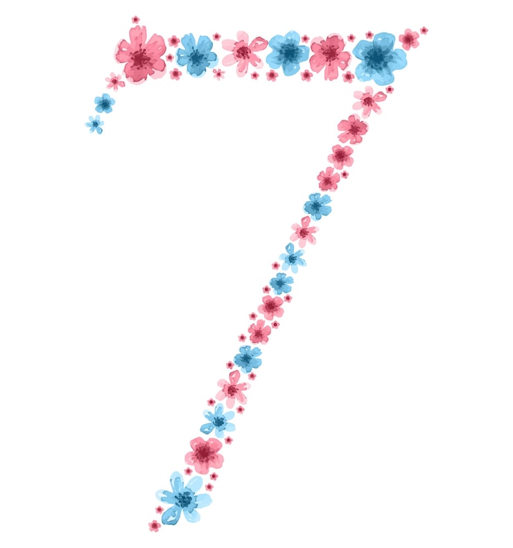 Vettore numero sette dai fiori rosa e blu. illustrazione per l'arredamento