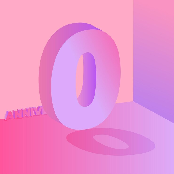 Vettore numero zero 3d rosa e viola con illustrazione del post sui social media ombra