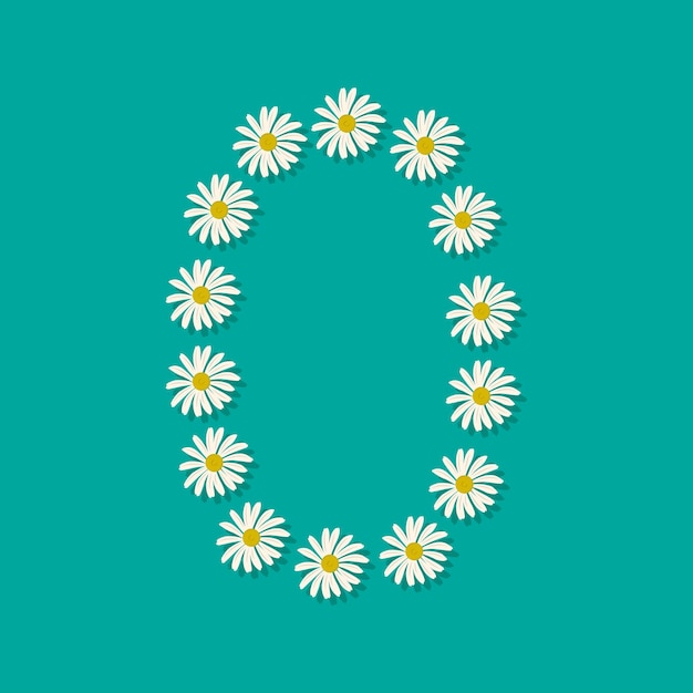 Numero zero dai fiori di camomilla bianca. Carattere festivo o decorazione per vacanze e design primaverili o estivi. Illustrazione piatta vettoriale