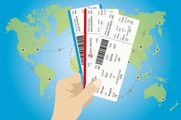 Numerosi biglietti delle carte d'imbarco Codice QR2 in mano e mappa del mondo su sfondo illustrazione vettoriale