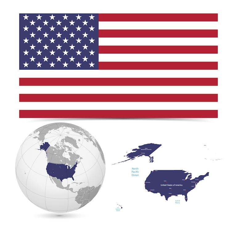 Vettore nuova bandiera dettagliata con map world of america, usa
